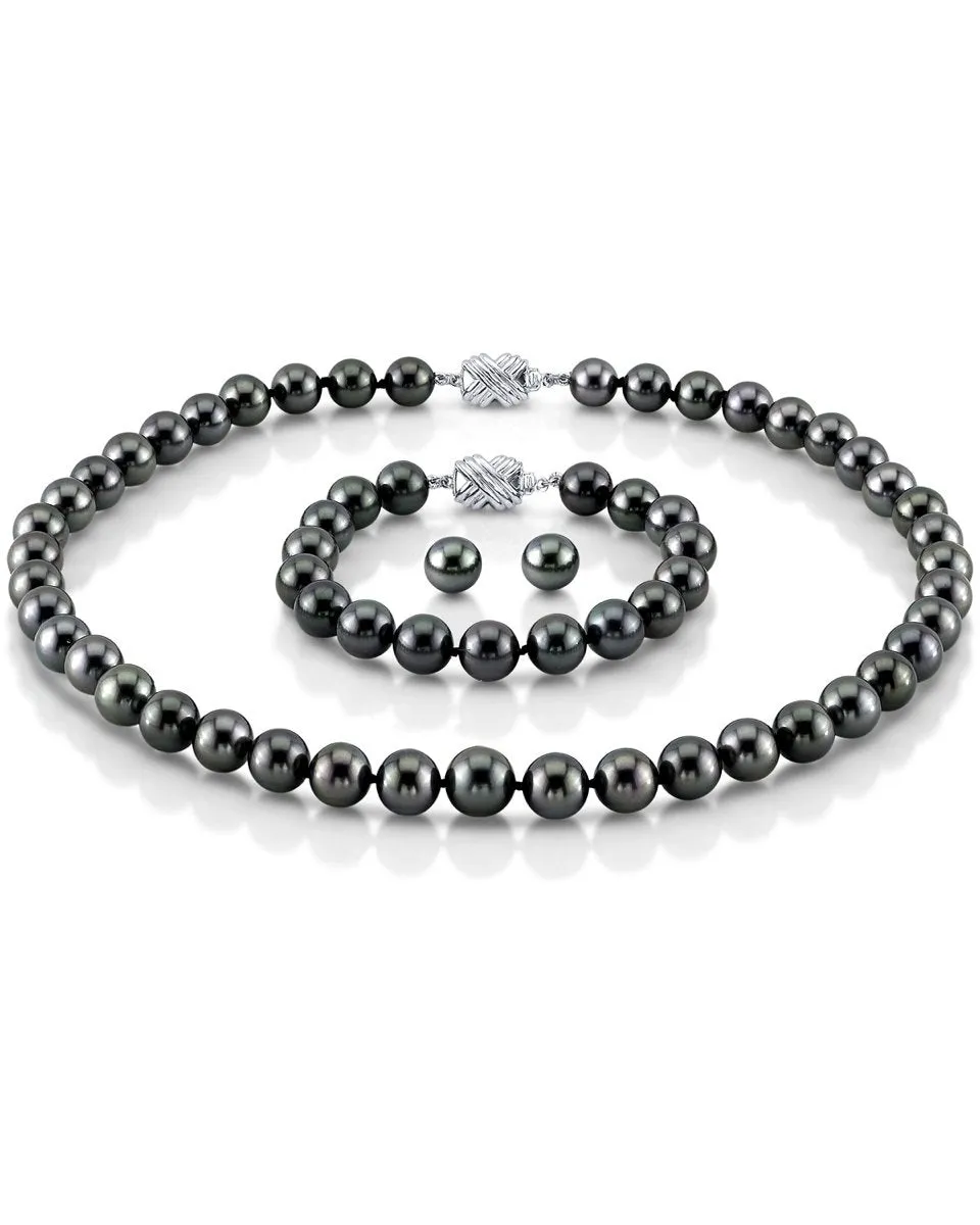 True Round Black Tahitian Pearl Jewelry Set, 8.0-10.0mm - AAA Quality