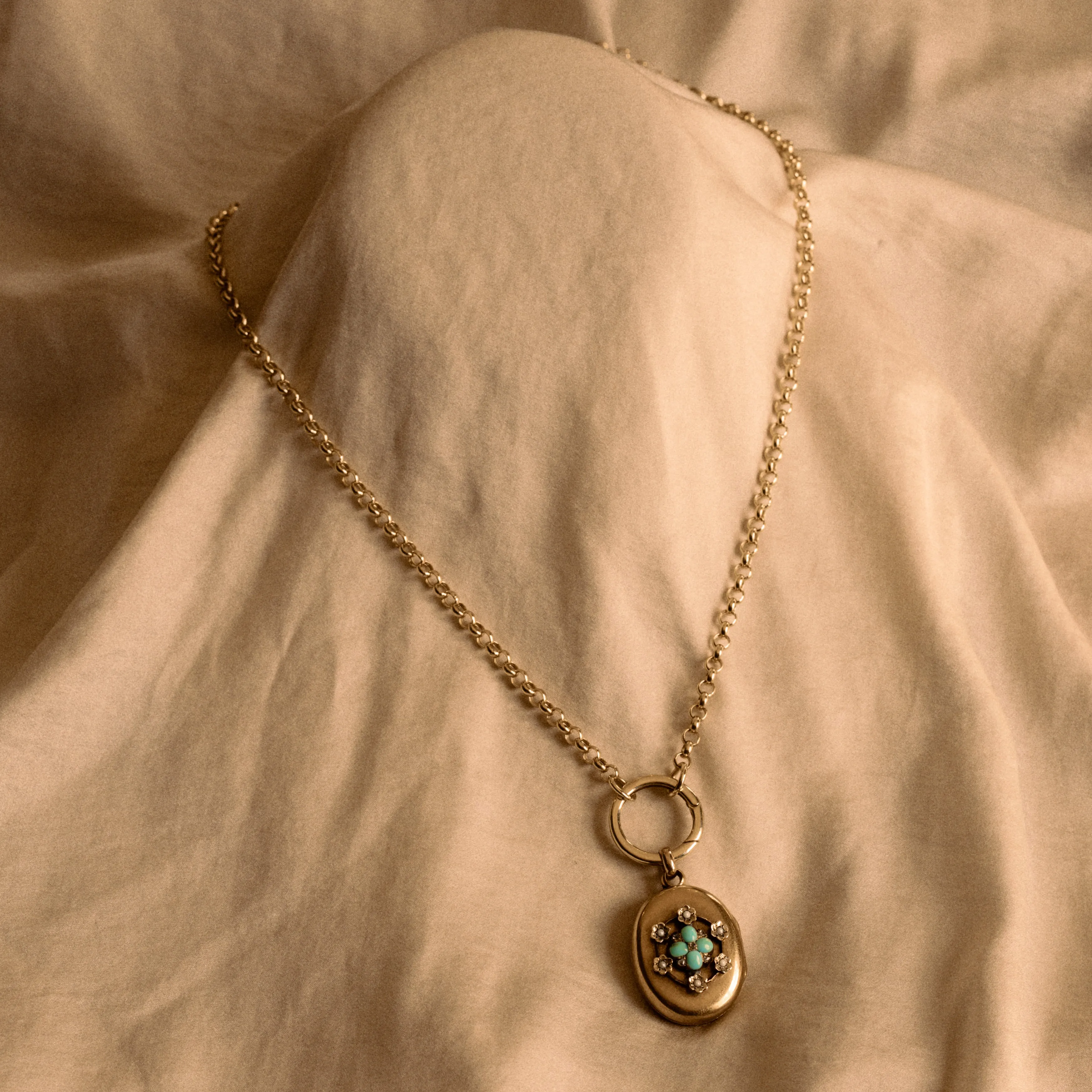 Victorian 15ct Gold Turquoise, Seed Pearl, Rose Cut Diamond Locket