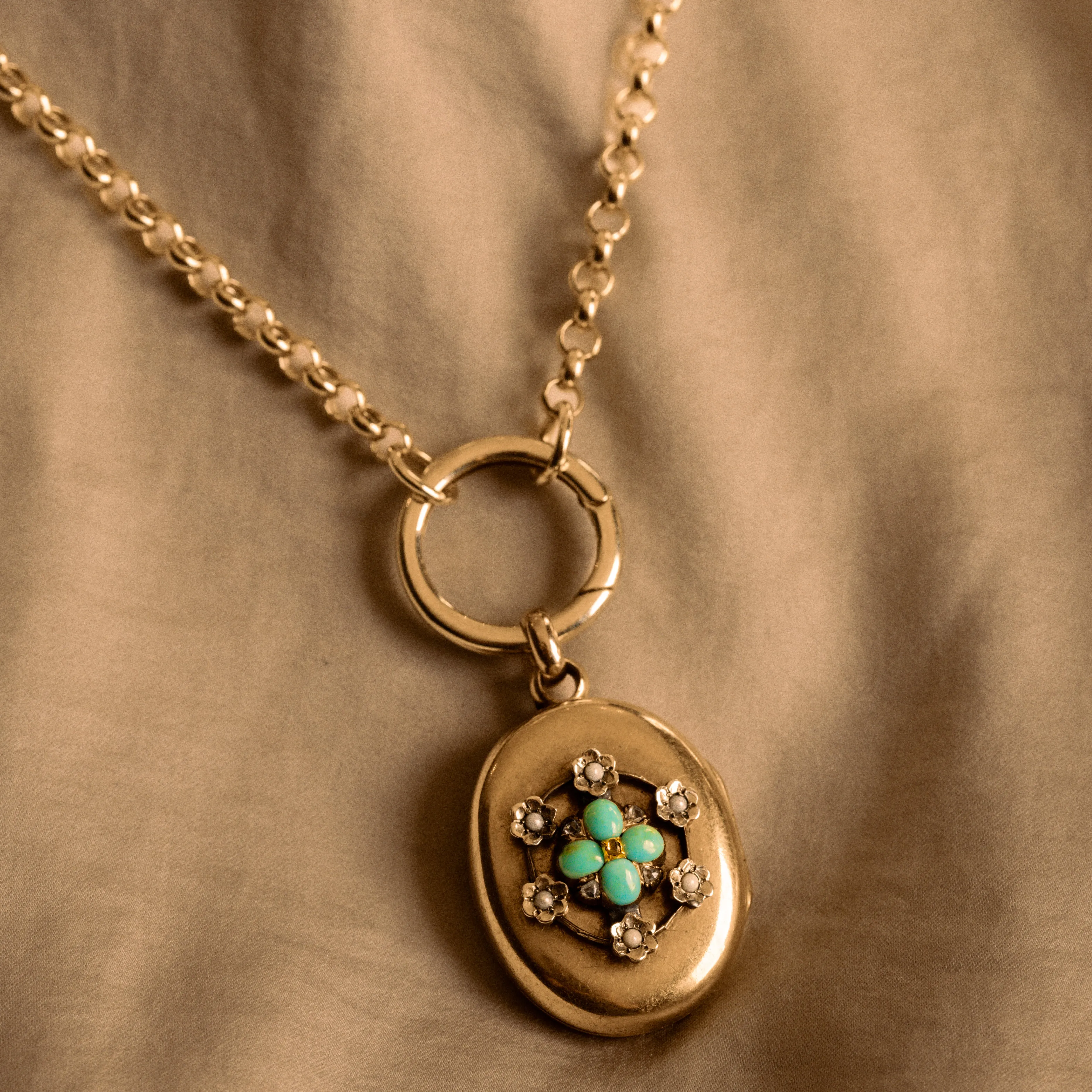 Victorian 15ct Gold Turquoise, Seed Pearl, Rose Cut Diamond Locket