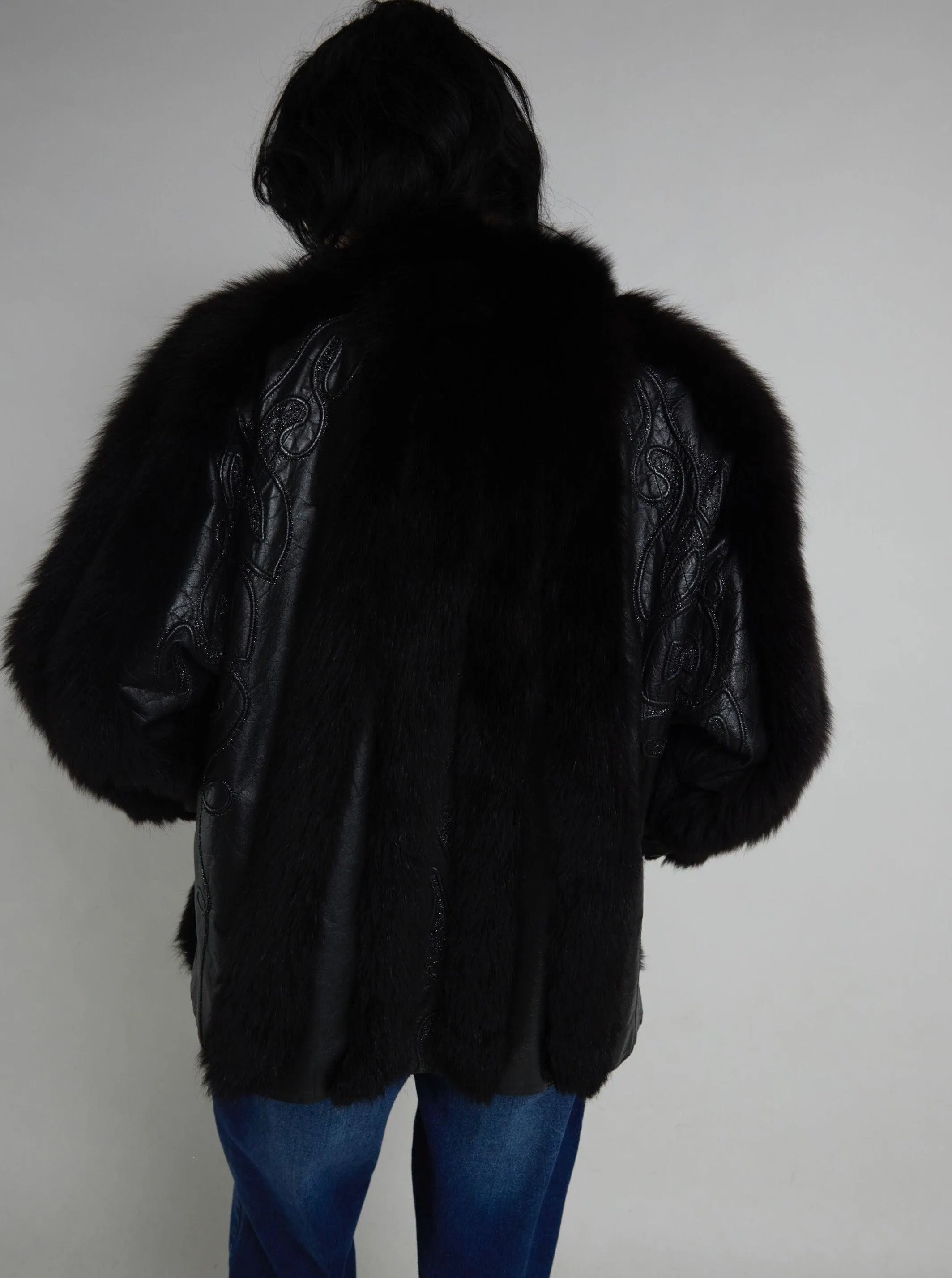 Vintage 1980s Black Leather Jacket With Fur Details