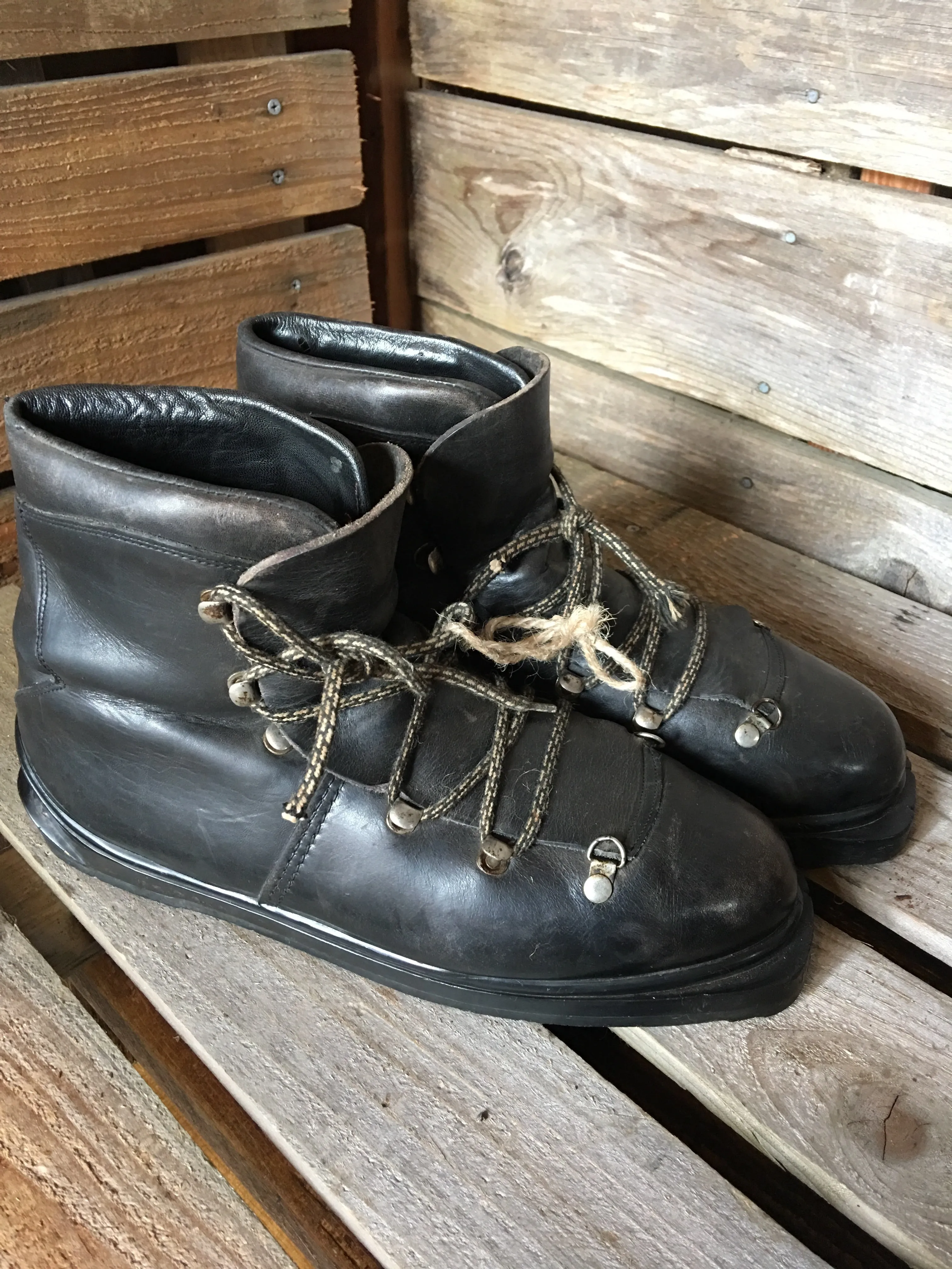 Vintage Black Leather Ski Boots