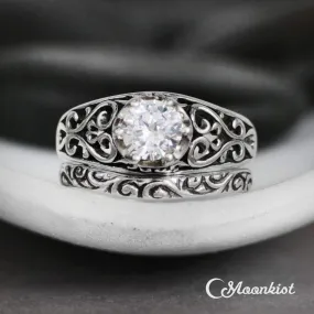 Vintage Inspired Filigree Engagement Ring with Curved Wedding Band | Moonkist Designs