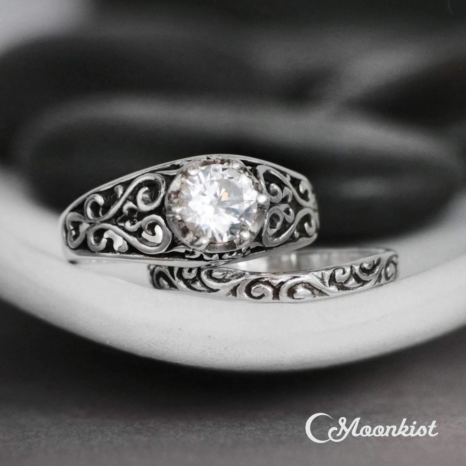 Vintage Inspired Filigree Engagement Ring with Curved Wedding Band | Moonkist Designs