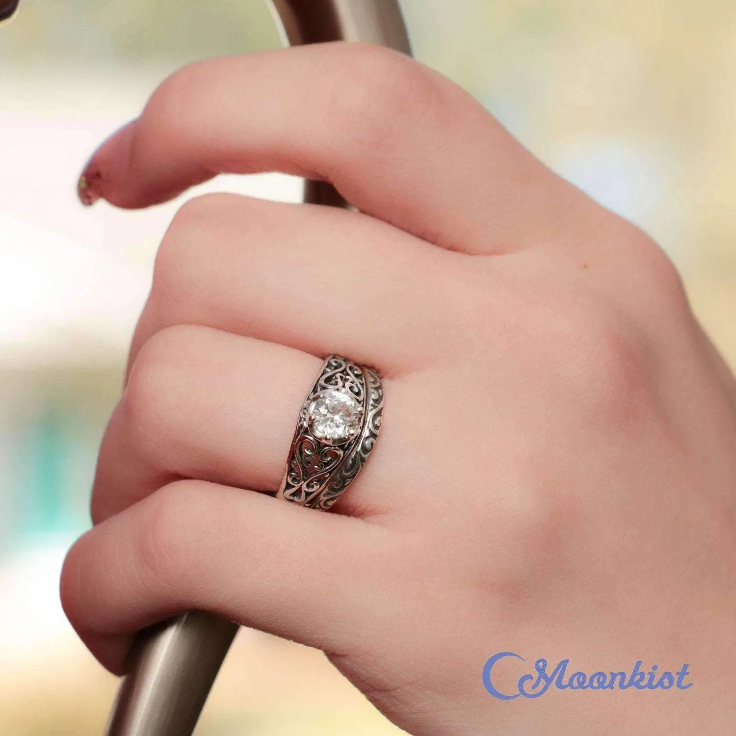 Vintage Inspired Filigree Engagement Ring with Curved Wedding Band | Moonkist Designs