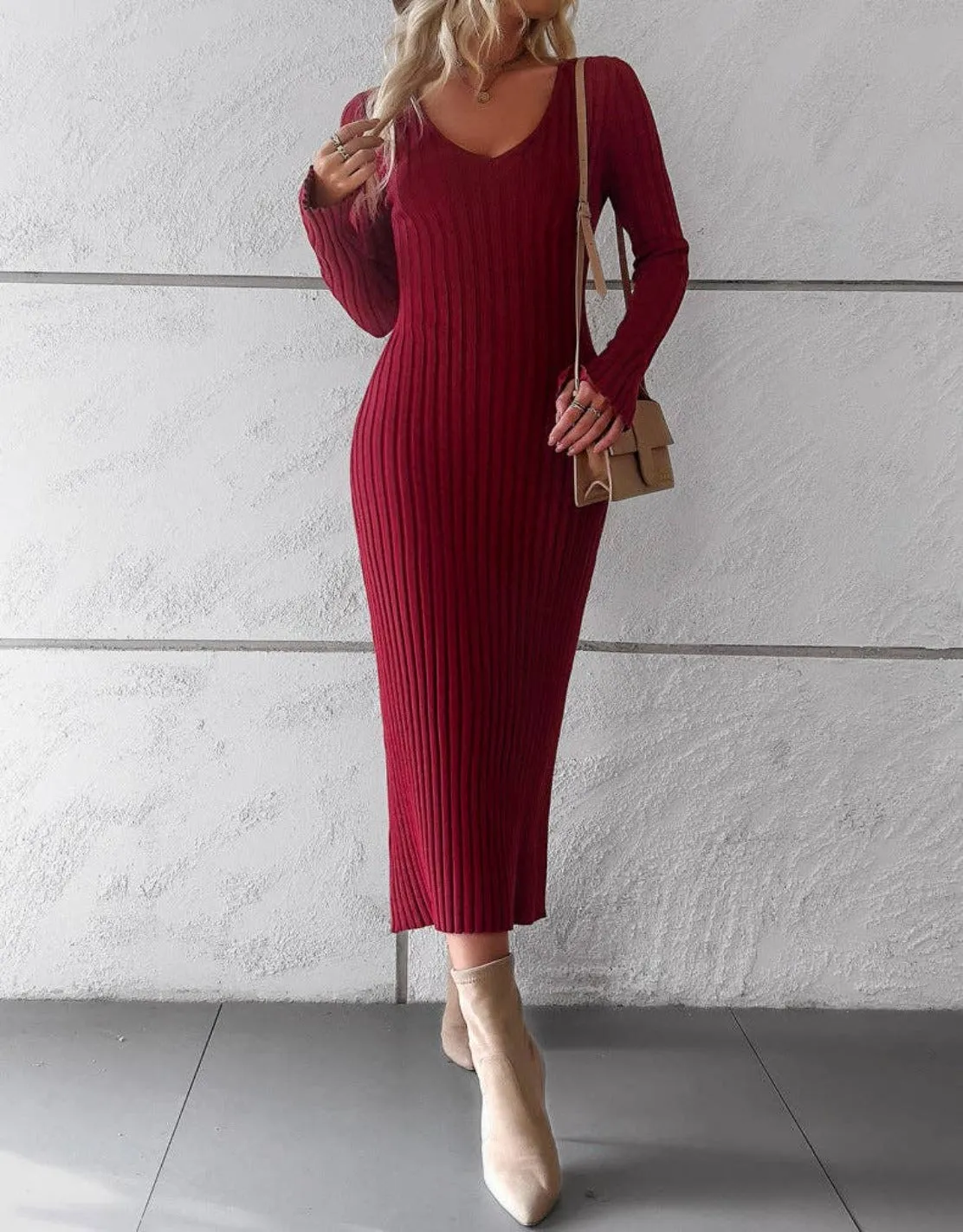 Wine Red Ribbed Bodycon V Neck Long Sleeve Knit Dress