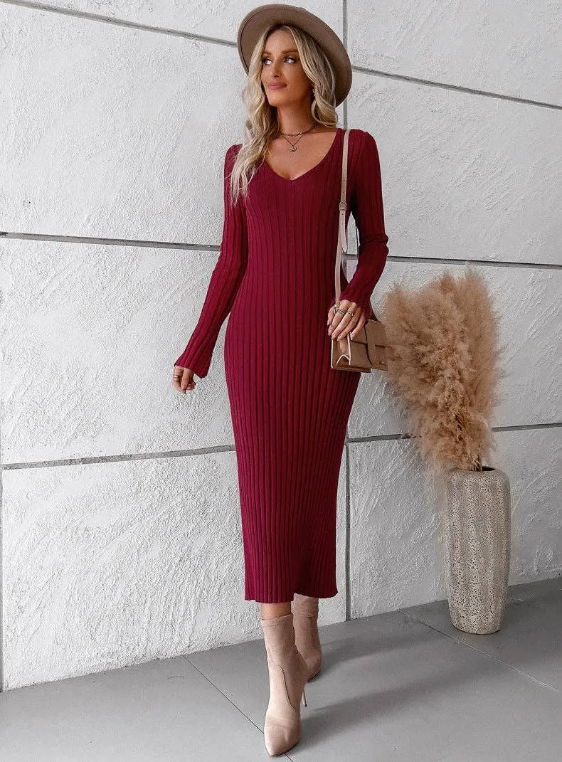 Wine Red Ribbed Bodycon V Neck Long Sleeve Knit Dress