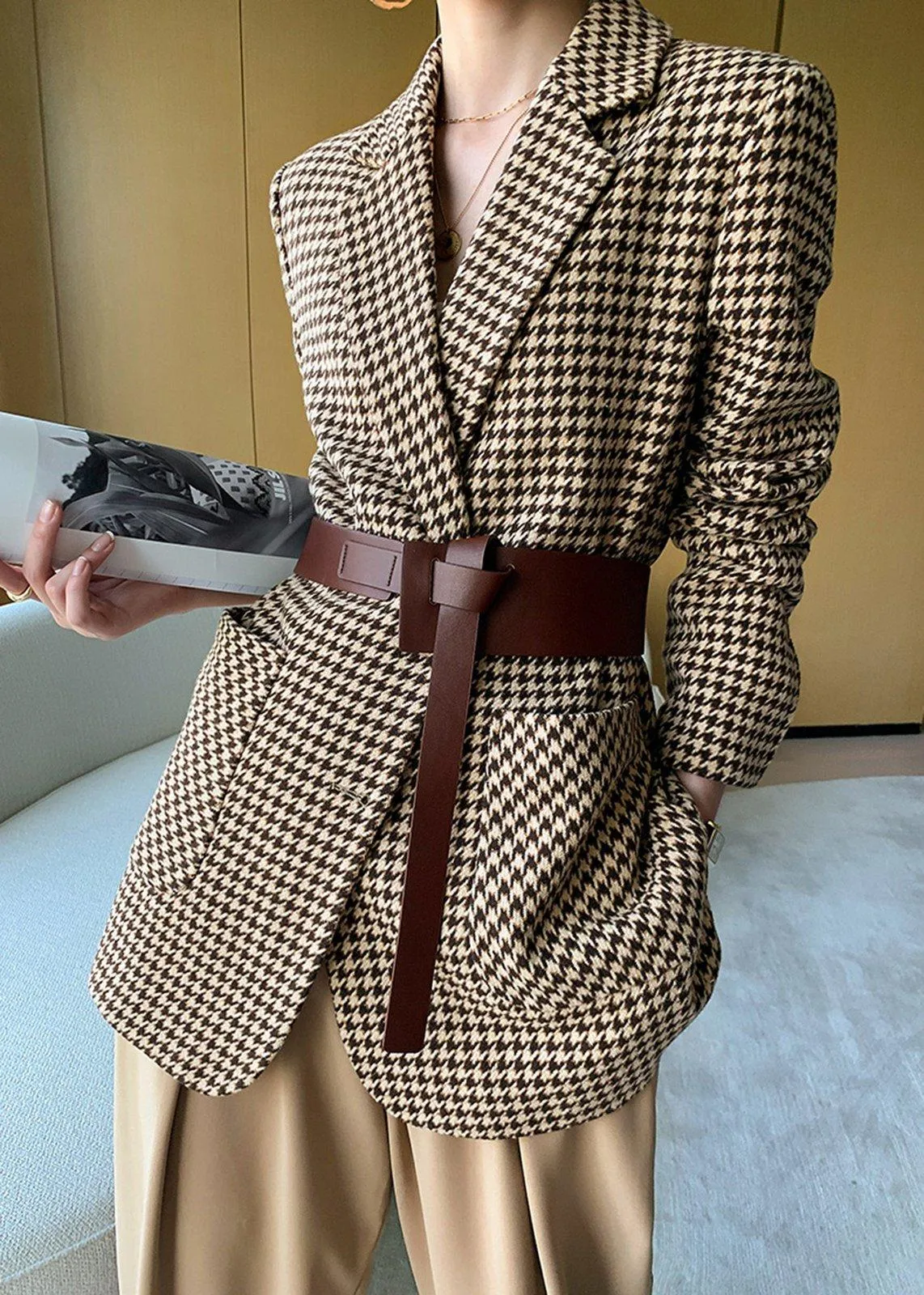 Women Grid Woolen Coat,Wool Blazer Coat,Women Wool Overcoat,Business Belt Coat,Autumn Winter Coat,Women Outerwear,Wool Jacket ,Casual coat