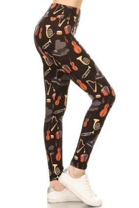 Women Plus High Waist Musical Instruments Printed Yoga Pants Leggings