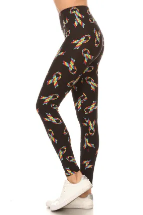 Women Plus High Waist Rainbow Autism Ribbon Printed Yoga Pants Leggings