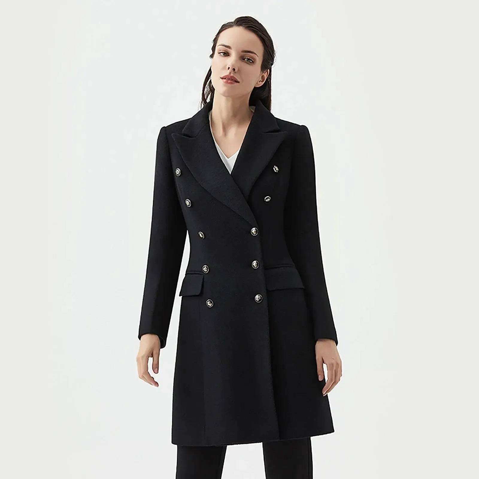 Women Wool Mid-Length Coat,Stewardess business wear,Plus Size Wool Overcoat,Black Wool Coat,Navyblue Wool Trench Coat,Custom Wool Coat Women