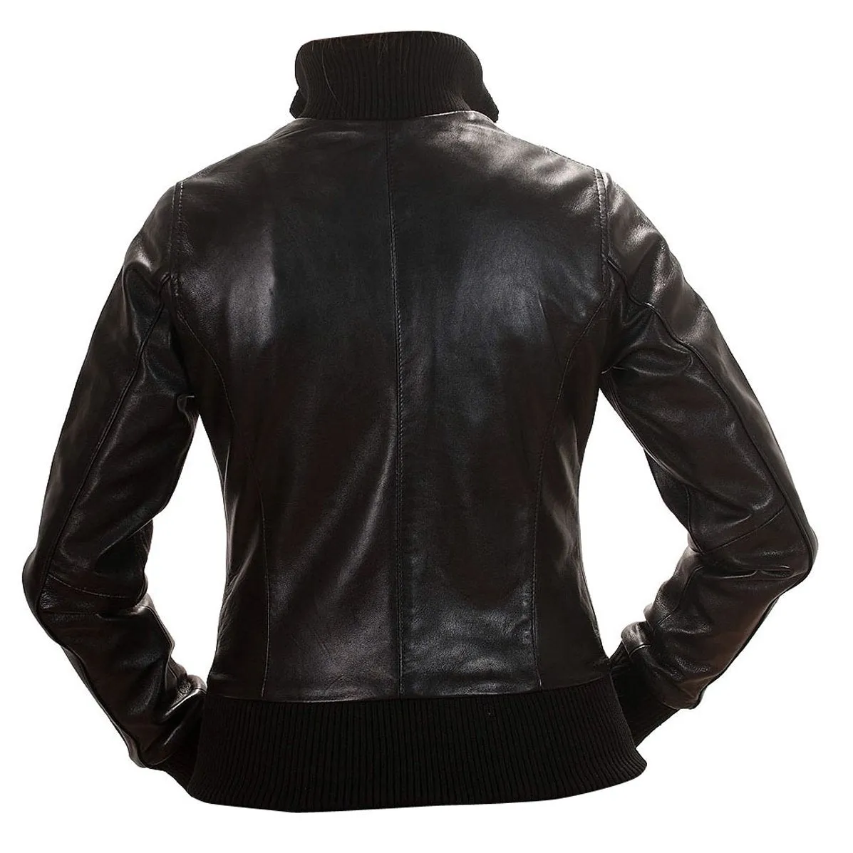 Women’s Adele Black Leather Jacket With Ribbed Collar and Hem