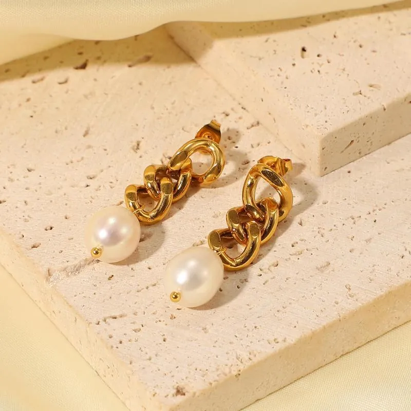 Women's Cuban Chain Freshwater Pearl Earrings