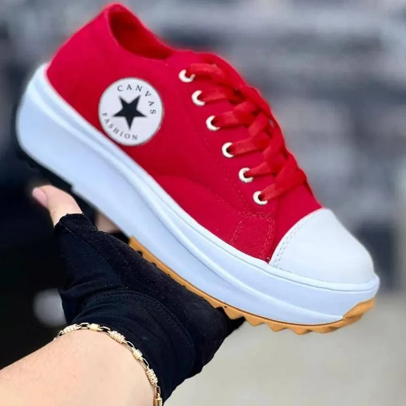 Women's Fashion Canvas Color-Blocking Lace-up Platform Heel Sneakers