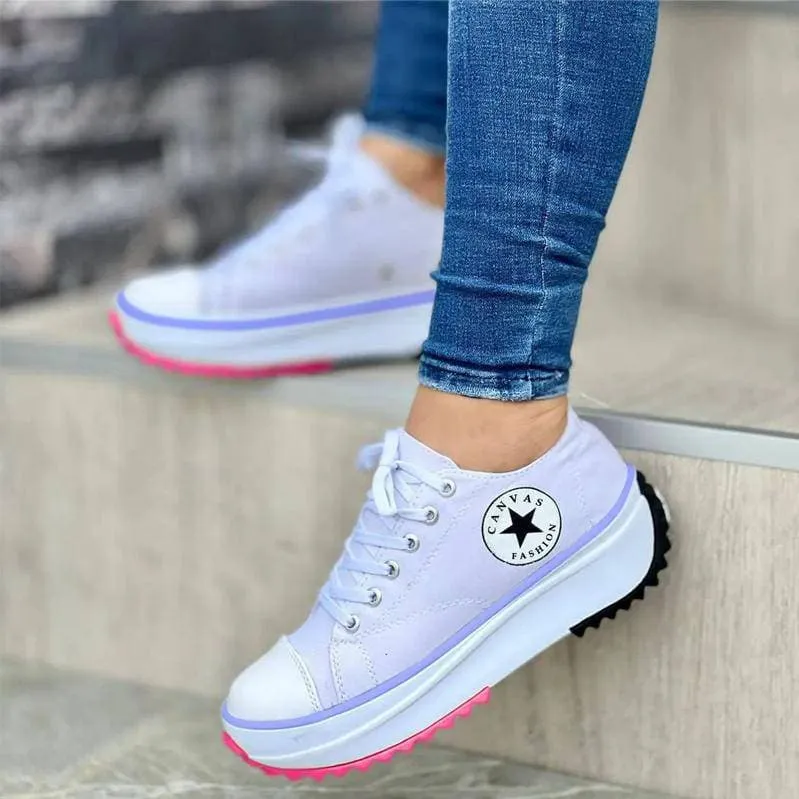 Women's Fashion Canvas Color-Blocking Lace-up Platform Heel Sneakers