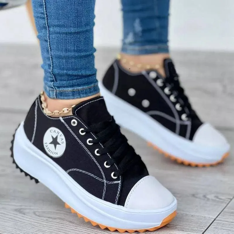 Women's Fashion Canvas Color-Blocking Lace-up Platform Heel Sneakers