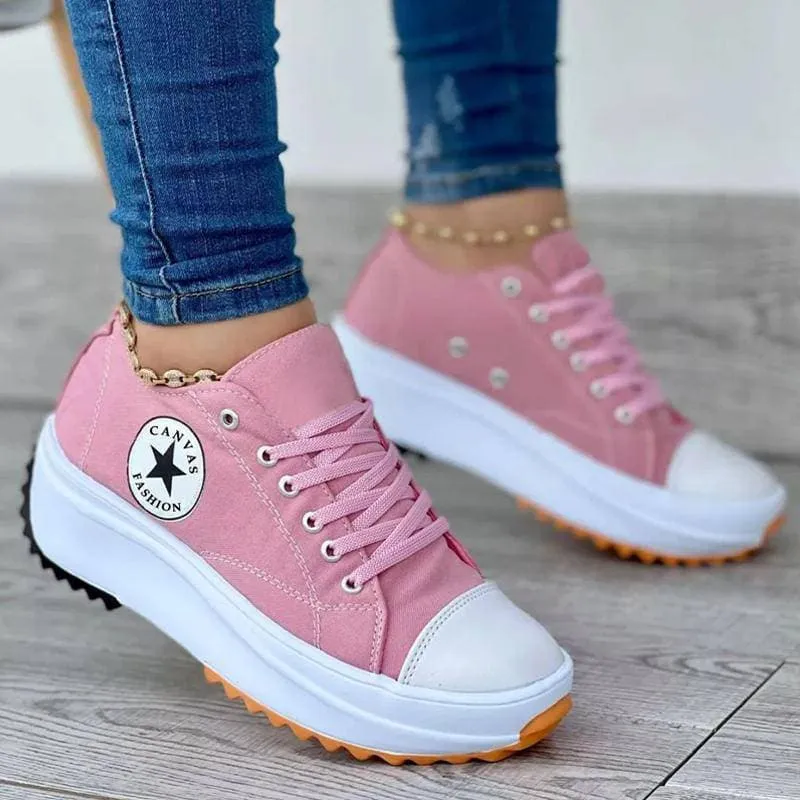 Women's Fashion Canvas Color-Blocking Lace-up Platform Heel Sneakers