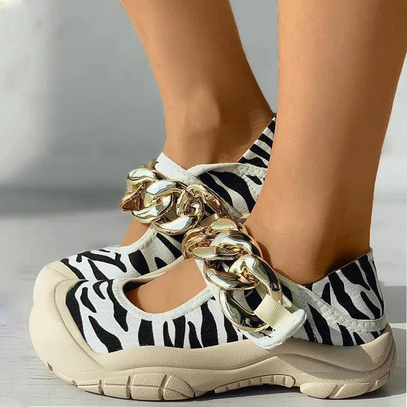 Women's Fashion Casual Canvas Animal Print Chain Magic Tape Flat Shoes